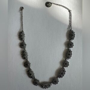 Crown Trifari Silver Tone Necklace w/ Black Stones